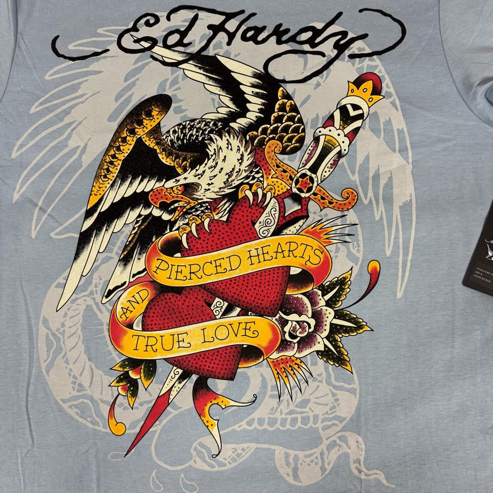 Ed Hardy Men’s T-Shirts Pierced Eagle Rhinestone EHM1100-129RS Sky Blue Size XL - Picture 6 of 9